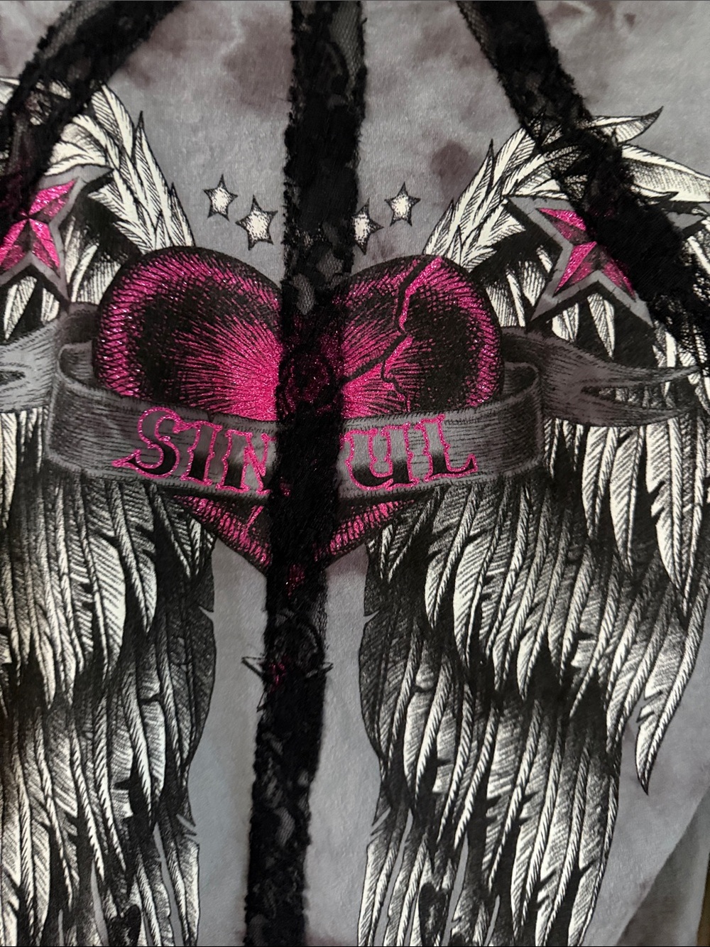 Affliction Women's Gray Tie-Dye V-Neck Long Sleeve Top with Pink Heart Graphic - Picture 8 of 8